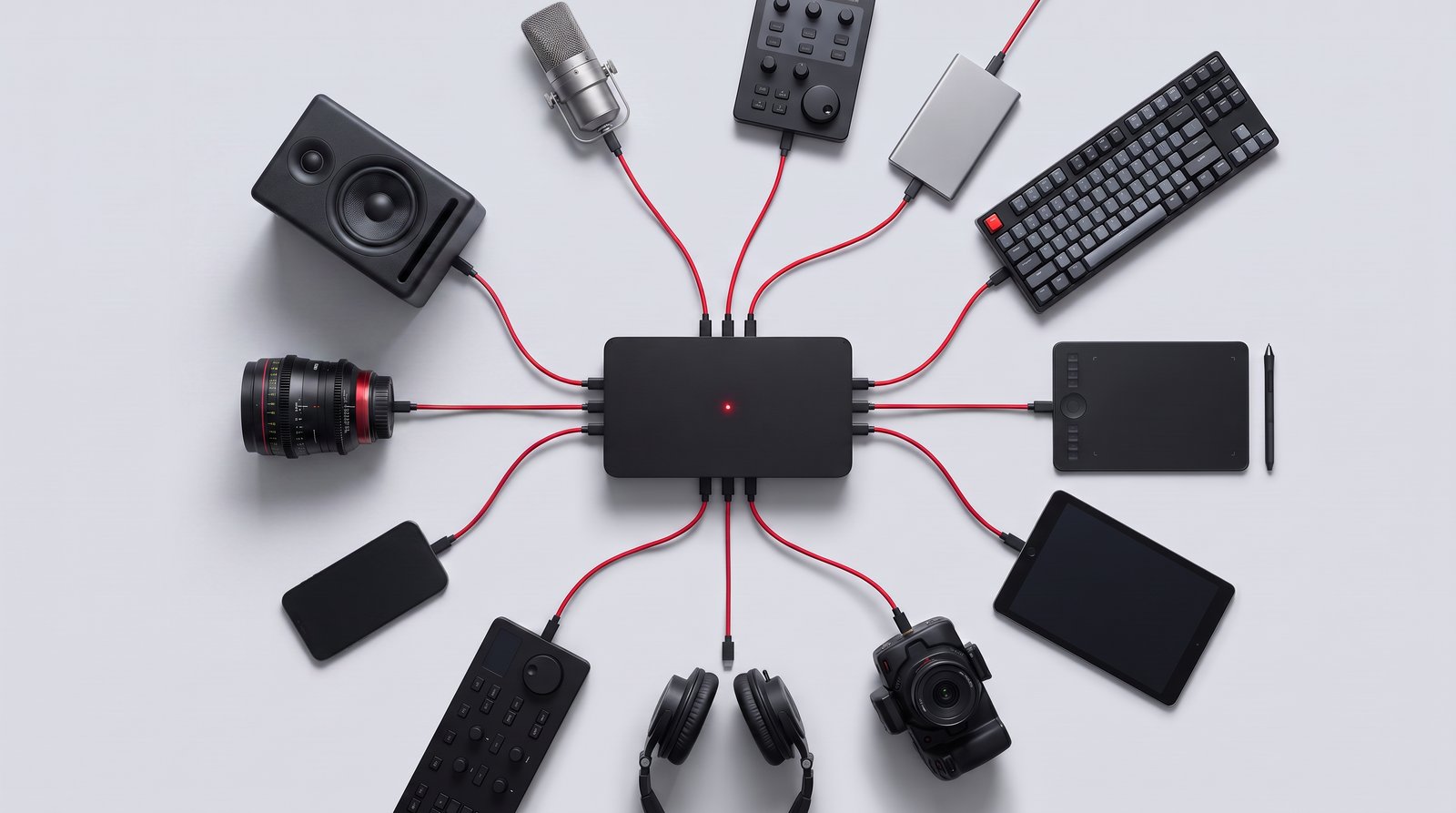 Professional tools arranged in a ring, red cables running from each into a single black device at the center